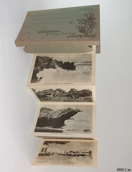 Rose Series fold-out souvenir folder of Picturesque Views of Warrnambool, opened to show photographs of the coast, Eagle Rock and Liebig Street