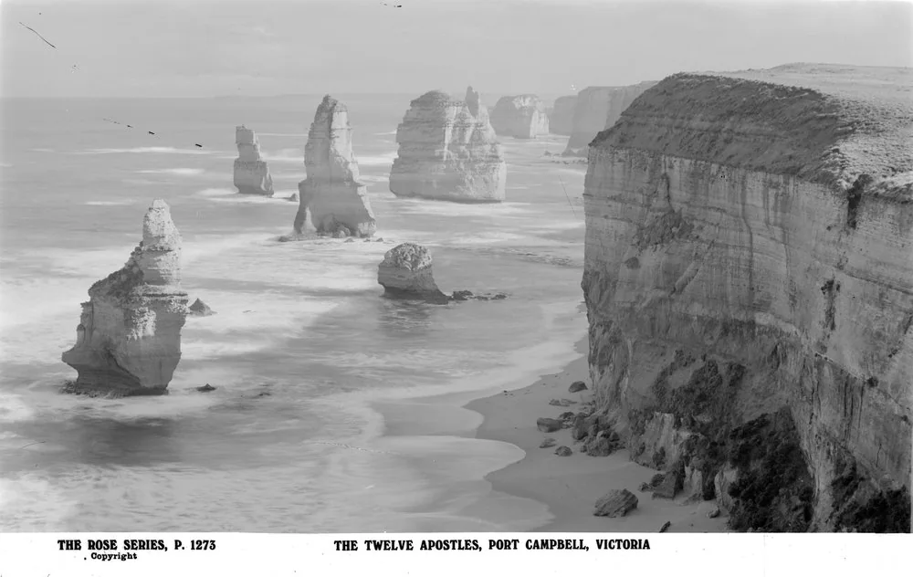 Black and white Rose Series postcard P.1273 of the Twelve Apostles, Port Campbell, Victoria