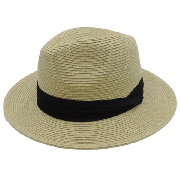 Natural woven straw fedora with a black band