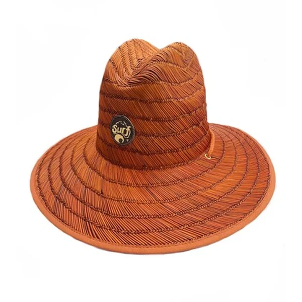 Orange woven straw surf hat with a wide brim and round Surf badge