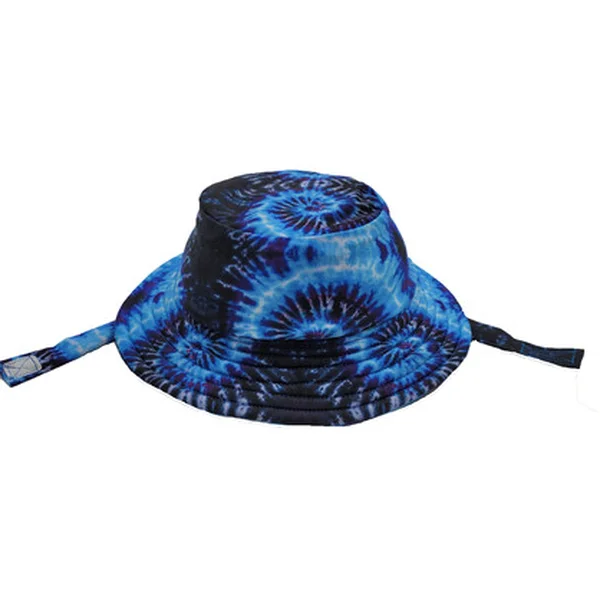 Blue and navy tie-dye bucket hat with chin strap