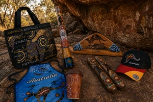 Aboriginal art design souvenirs including a tote bag, apron, didgeridoo, boomerang, clapsticks, cup and cap, displayed on rocks
