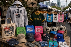 Australia hoodies, T-shirts, caps, kids’ koala caps, tote bags, thongs and socks on a market stall