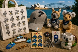 Sydney souvenirs including a koala tote bag, cap, plush koala and kangaroo, magnets, keyrings, a koala mug and pens, with the Opera House and Harbour Bridge behind