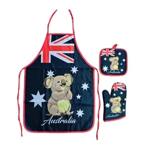 Apron, pot holder and oven mitt set with the Australian flag and a smiling koala, printed Australia