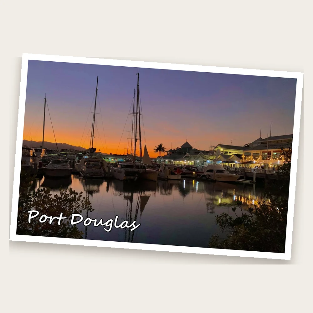 Example postcard made from Stephen's photograph of Port Douglas marina at dusk