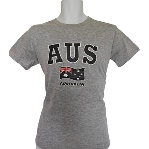 Grey T-shirt printed AUS in large letters above an Australian flag and the word Australia