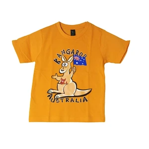 Orange kids’ T-shirt with a cartoon kangaroo holding an Australian flag and the words Kangaroo Australia