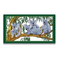 Tea towel with a green border and a family of koalas in a gum tree