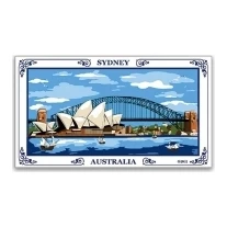 Tea towel showing the Sydney Opera House and Harbour Bridge, titled Sydney Australia