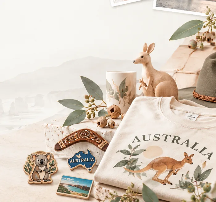 Australian souvenirs: a kangaroo T-shirt, wooden kangaroo, boomerang, koala and Australia magnets and a mug