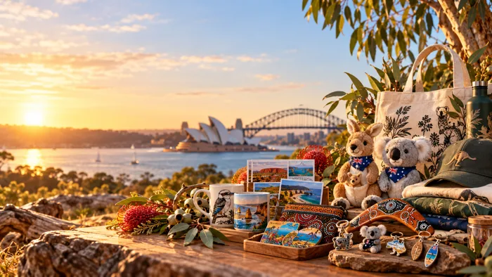 Sydney souvenirs including mugs, magnets and keyrings with the Opera House and Harbour Bridge behind