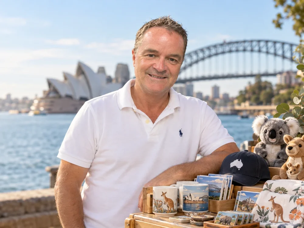 Stephen Cutts by Sydney Harbour with the Opera House and Harbour Bridge behind him, beside a display of souvenir mugs, postcards, a cap, plush koala and kangaroo, and tea towels