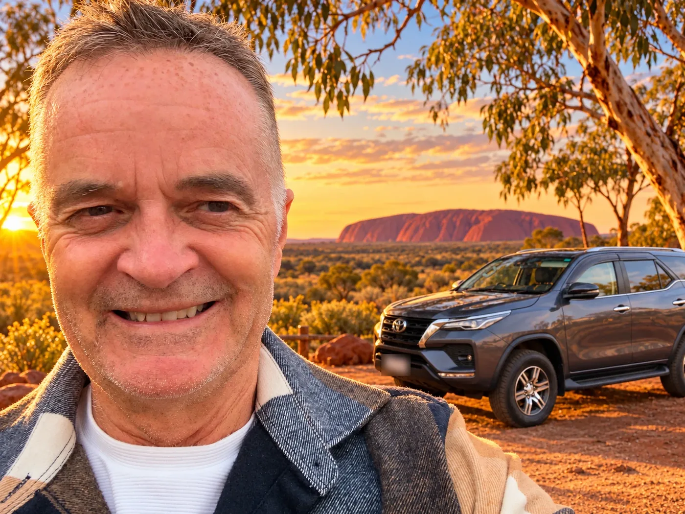 Stephen Cutts at sunset near Uluru, with his car behind him, on a sales run through the Northern Territory