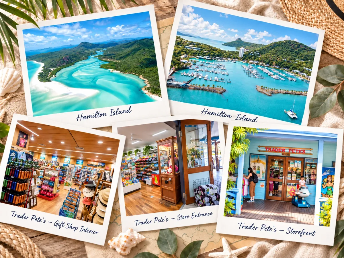 Polaroid collage of Hamilton Island, Whitehaven Beach and the marina, with Trader Pete’s gift shop interior, store entrance and storefront